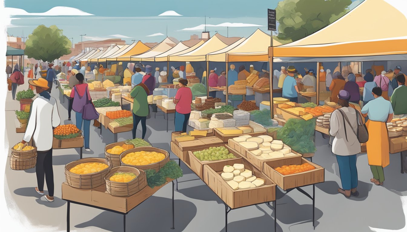 A bustling market with colorful stalls showcasing a variety of locally made artisan cheeses from New Mexico