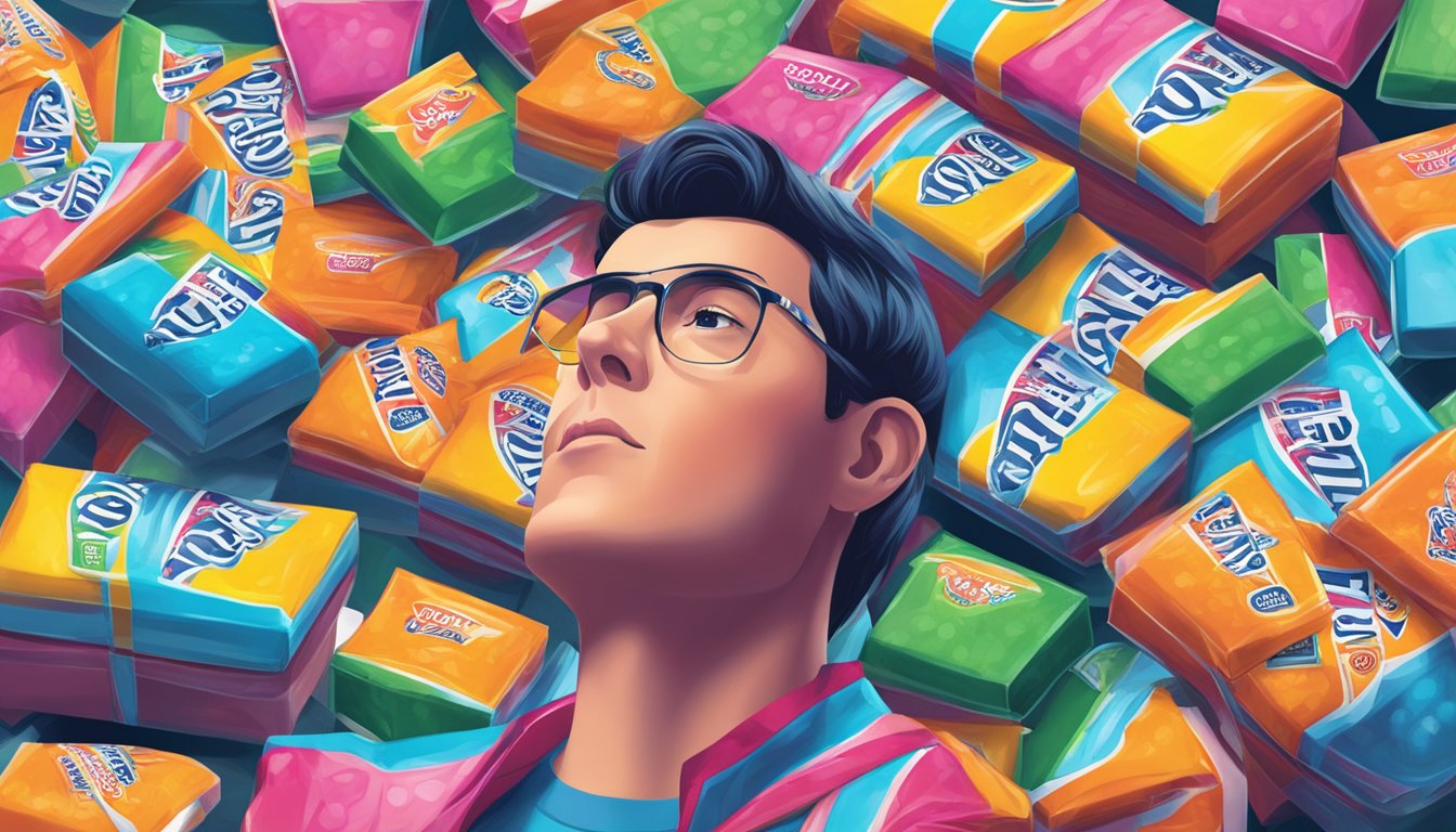 A person surrounded by multiple packs of Trident gum, looking overwhelmed