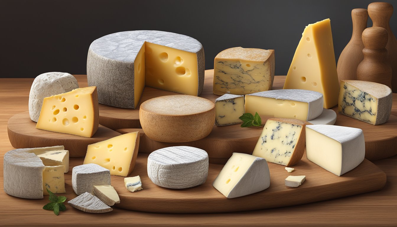 A rustic wooden table displays a variety of artisan cheeses, including soft brie, aged cheddar, and crumbly blue, with labels indicating their origins in North Carolina