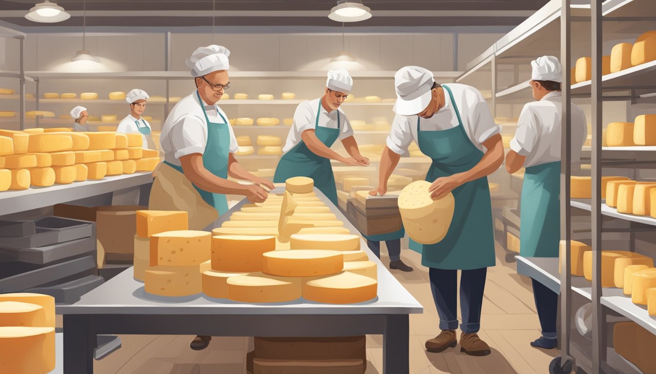 A bustling cheese-making workshop with rows of aging wheels, workers in aprons, and shelves of freshly wrapped artisanal cheese