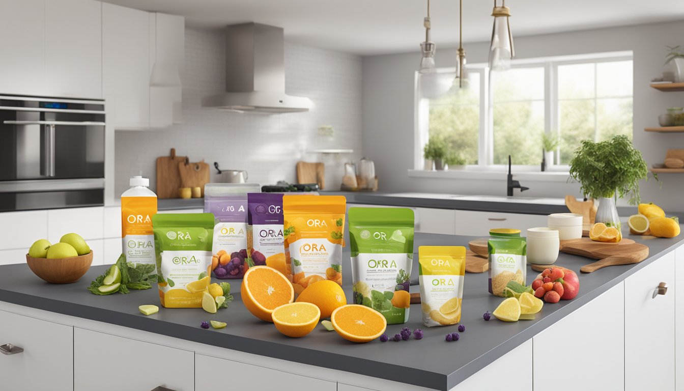 A colorful array of Ora Organic products, including various flavors and serving sizes, displayed on a clean, modern kitchen countertop