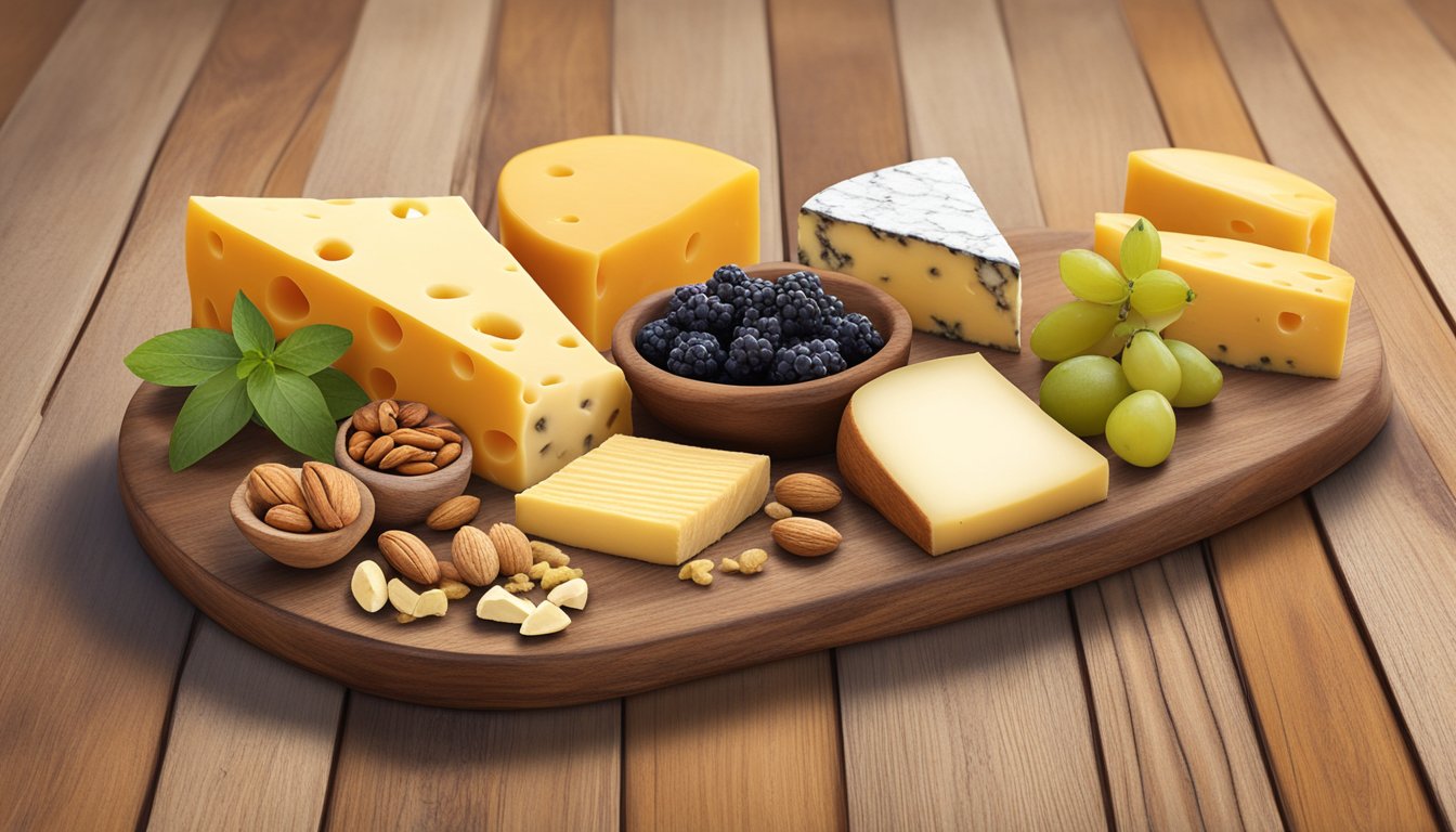 A rustic wooden board displays a variety of New Mexico local artisan cheeses, accompanied by fresh fruits, nuts, and honeycomb