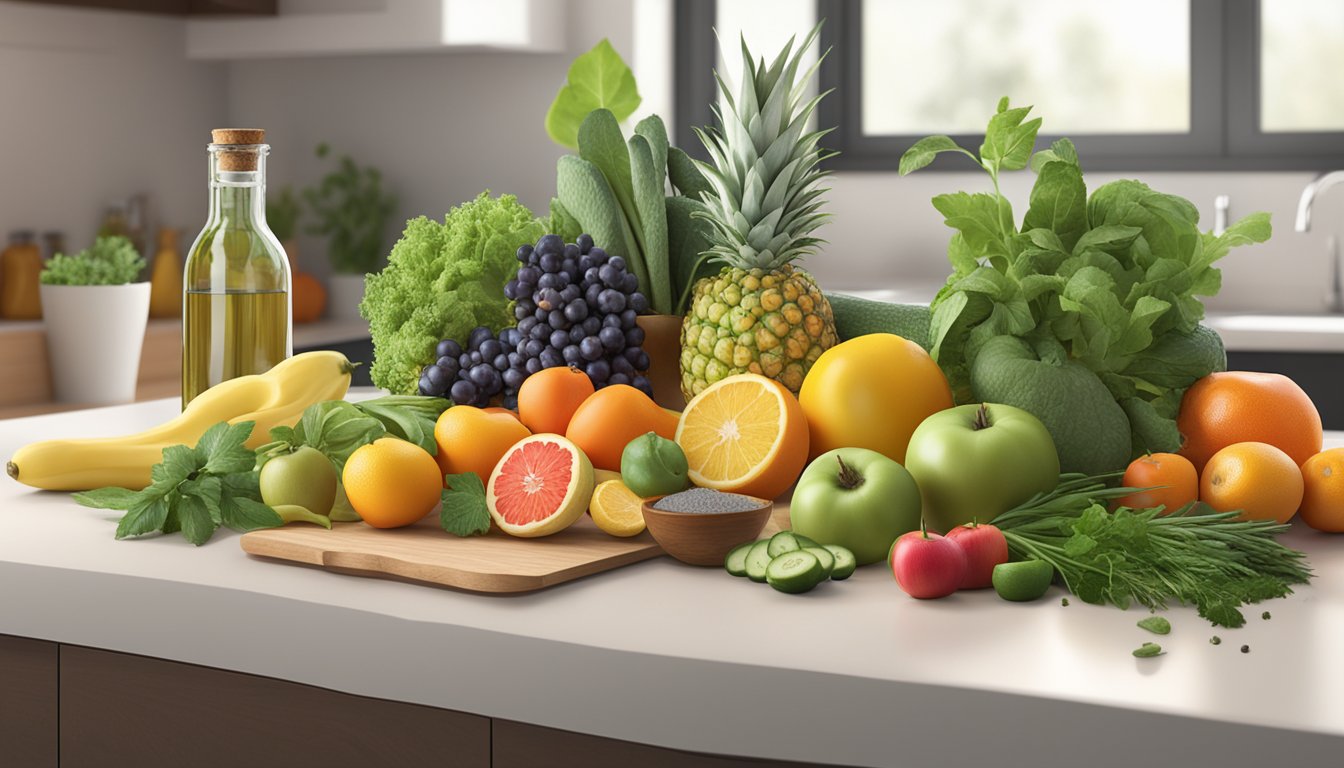 A variety of fresh fruits, vegetables, and herbs arranged on a kitchen counter, with a bottle of Ora Organic supplement in the background