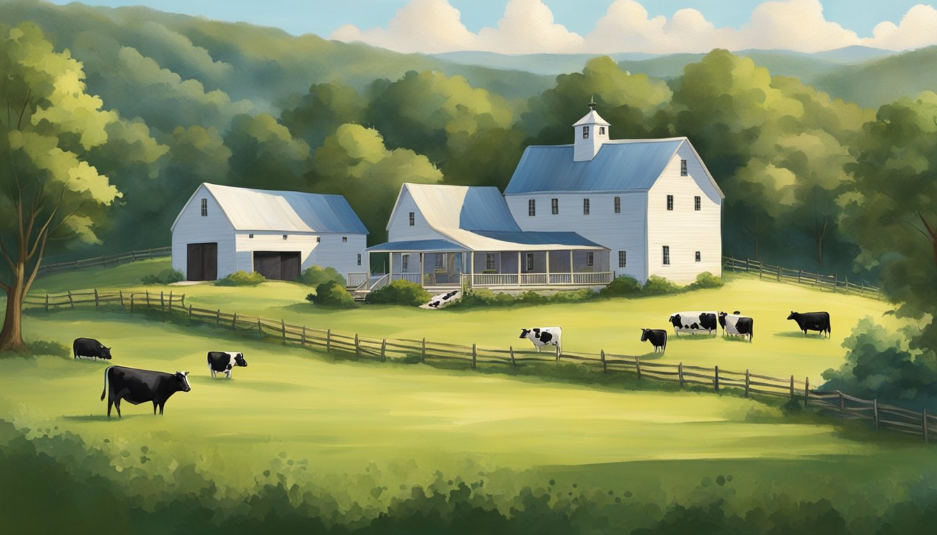 A rustic farmhouse nestled in the rolling hills of North Carolina, surrounded by lush green pastures where contented cows graze. A small, bustling creamery with skilled artisans crafting award-winning cheeses