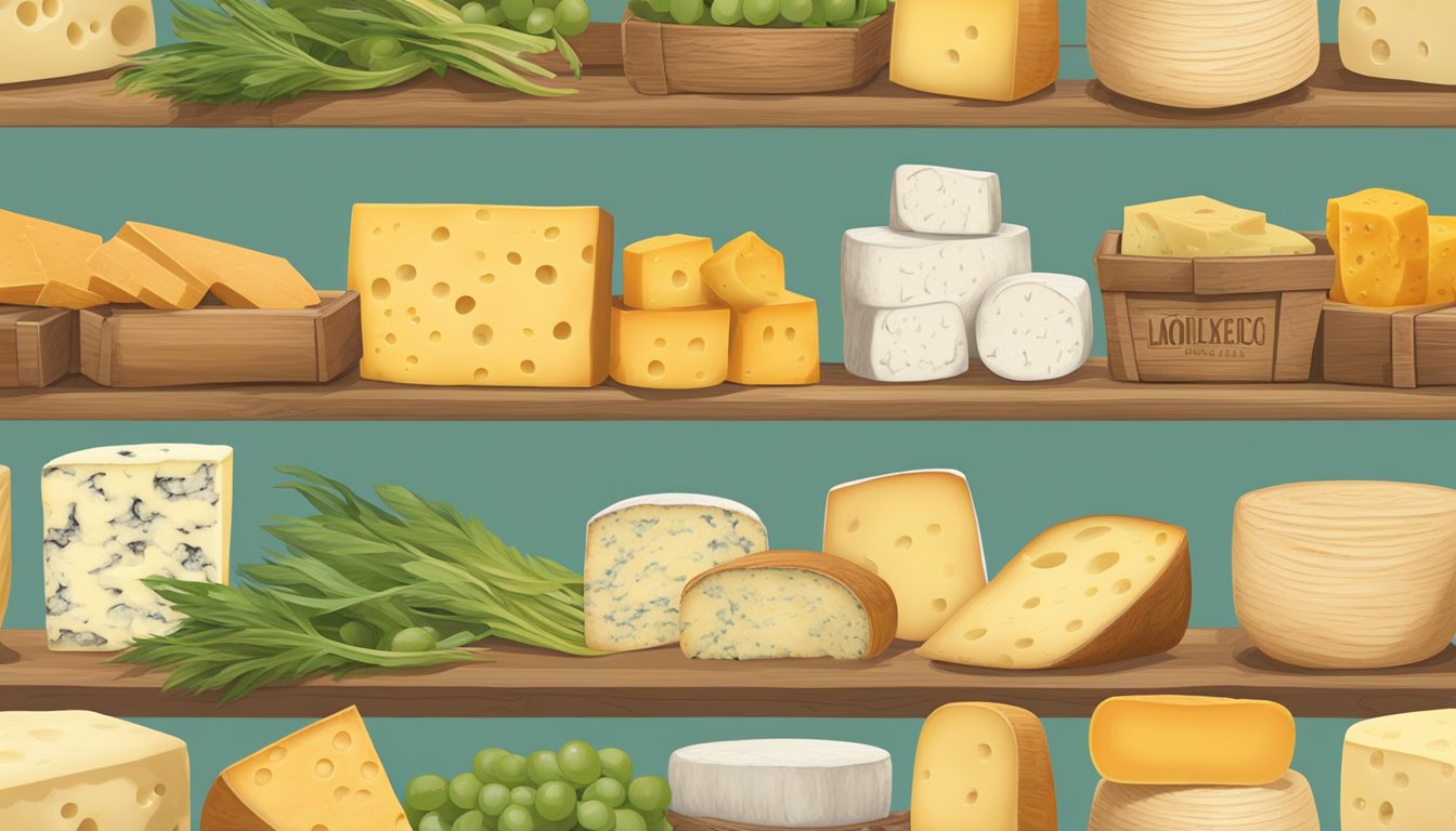 A rustic farmer's market stall displays an array of colorful local artisan cheeses from New Mexico, nestled in baskets and wooden crates