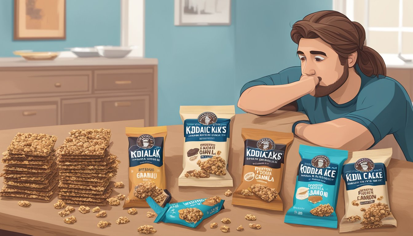 A table with multiple opened packages of Kodiak Cakes protein granola bars scattered around, alongside empty wrappers and a concerned expression on a person's face