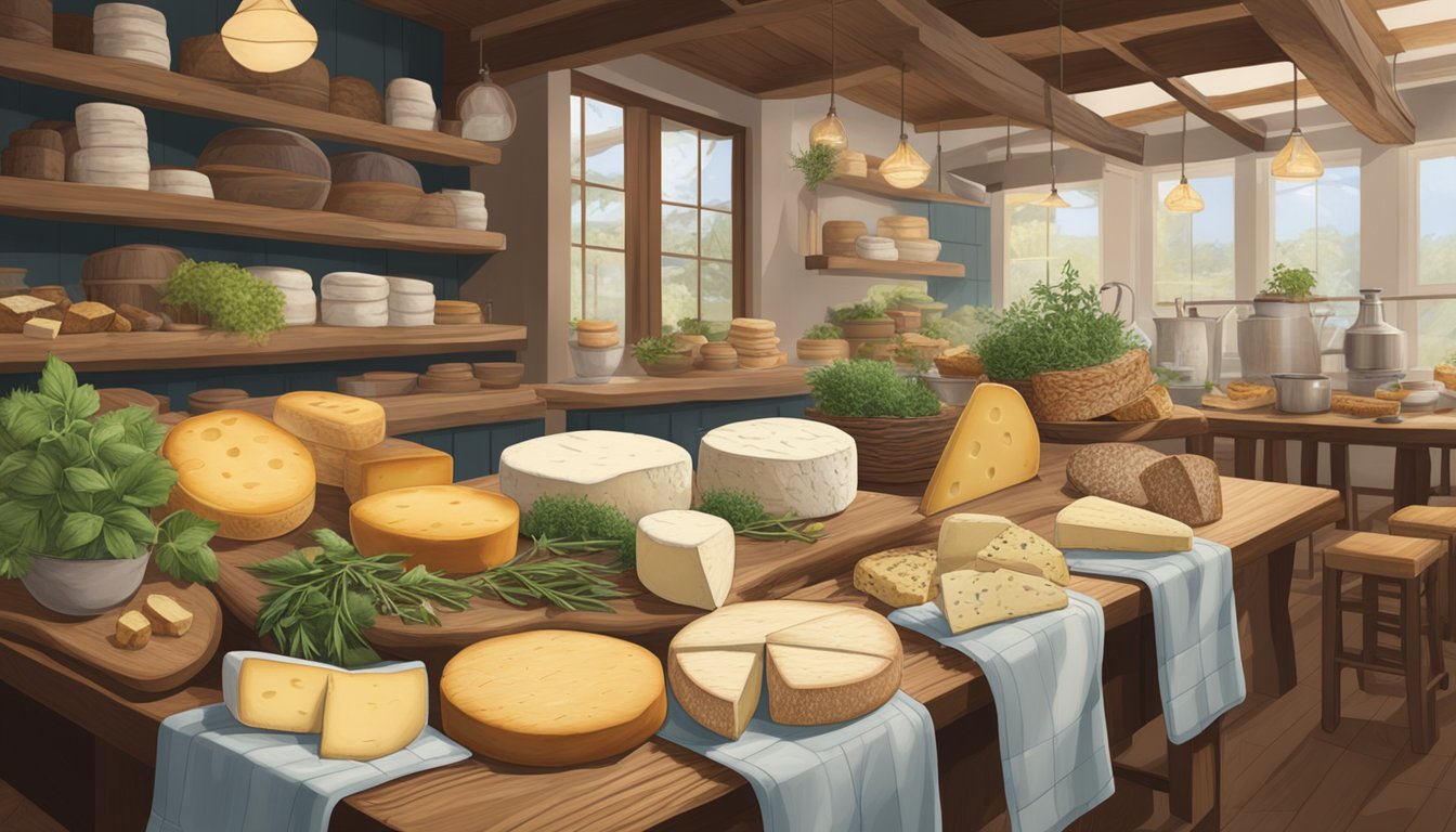 A bustling restaurant and shop in North Carolina showcases a variety of local artisan cheeses, displayed on wooden boards and surrounded by fresh herbs and rustic bread