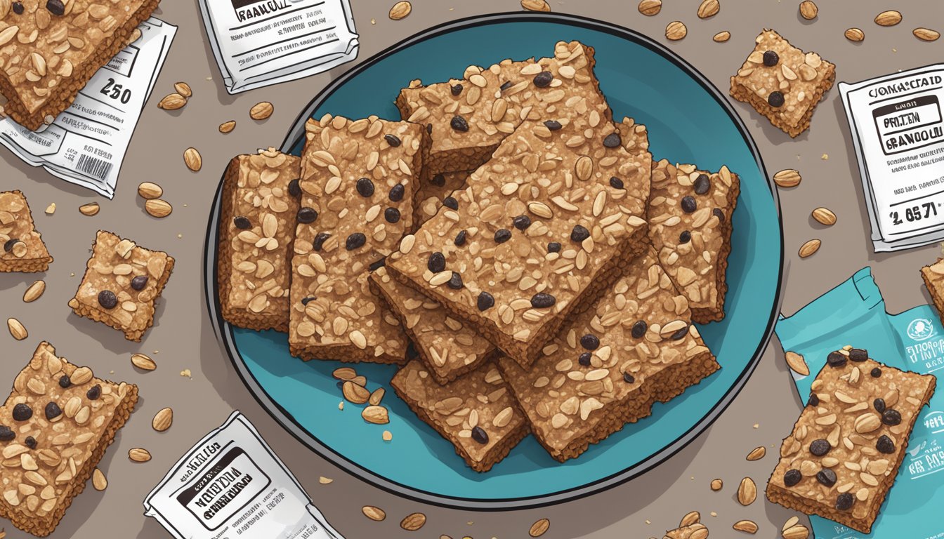 A pile of Kodiak Cakes protein granola bars overflowing from a bowl, surrounded by scattered crumbs and a nutrition label