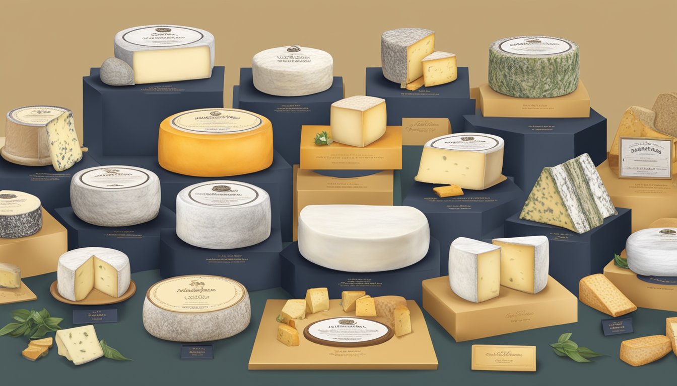 A display of award-winning artisan cheeses from New York, with ribbons and plaques showcasing their recognition