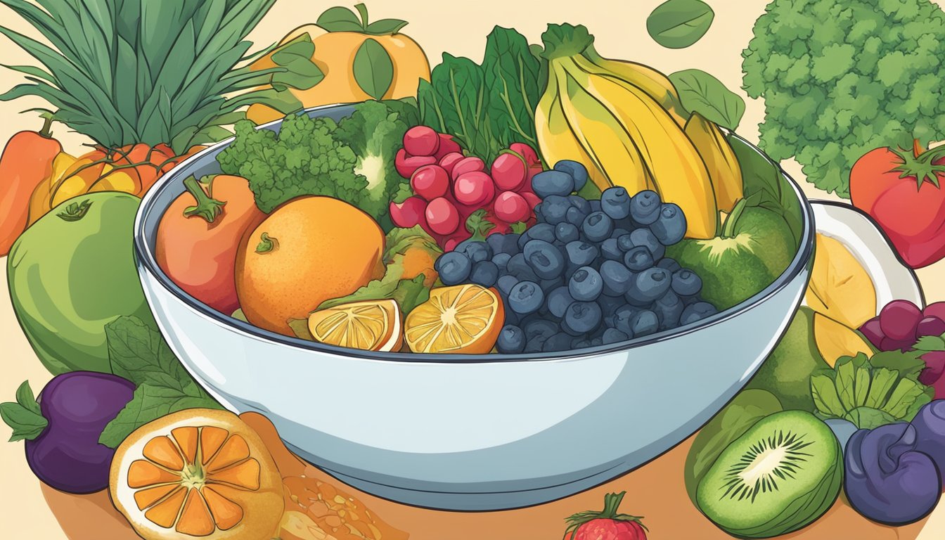 A colorful bowl overflowing with Sunwarrior Lean Superfood powder, surrounded by various fruits and vegetables