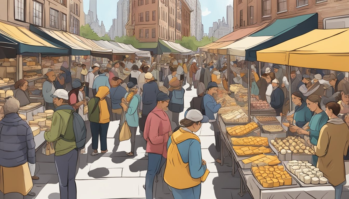 A bustling New York City street market with a variety of local artisan cheese vendors, surrounded by eager customers sampling and purchasing their wares