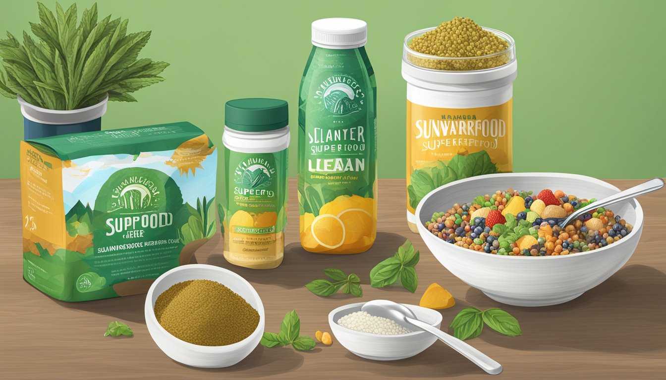 A table with various food items and a container of Sunwarrior Lean Superfood, with a serving size scoop next to it