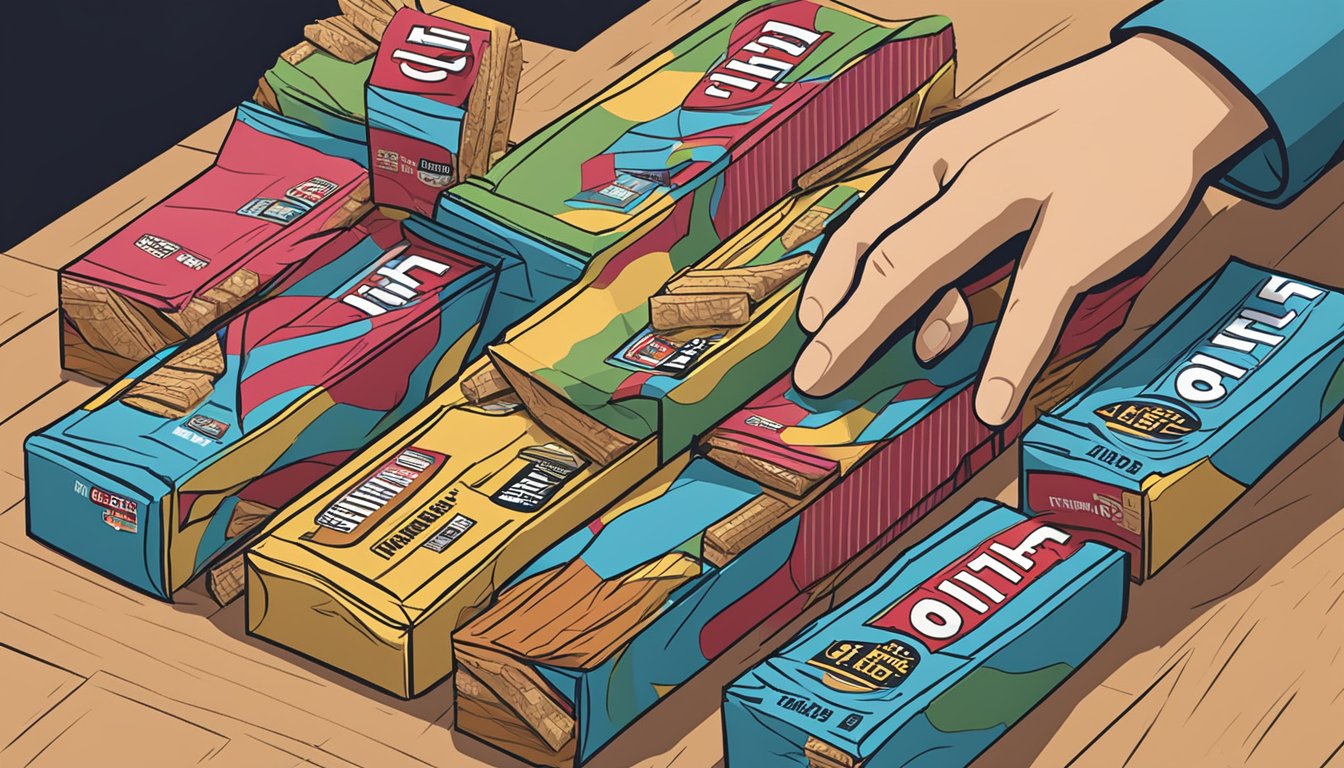 A pile of Clif bars stacked on a table, with a hand reaching for another one