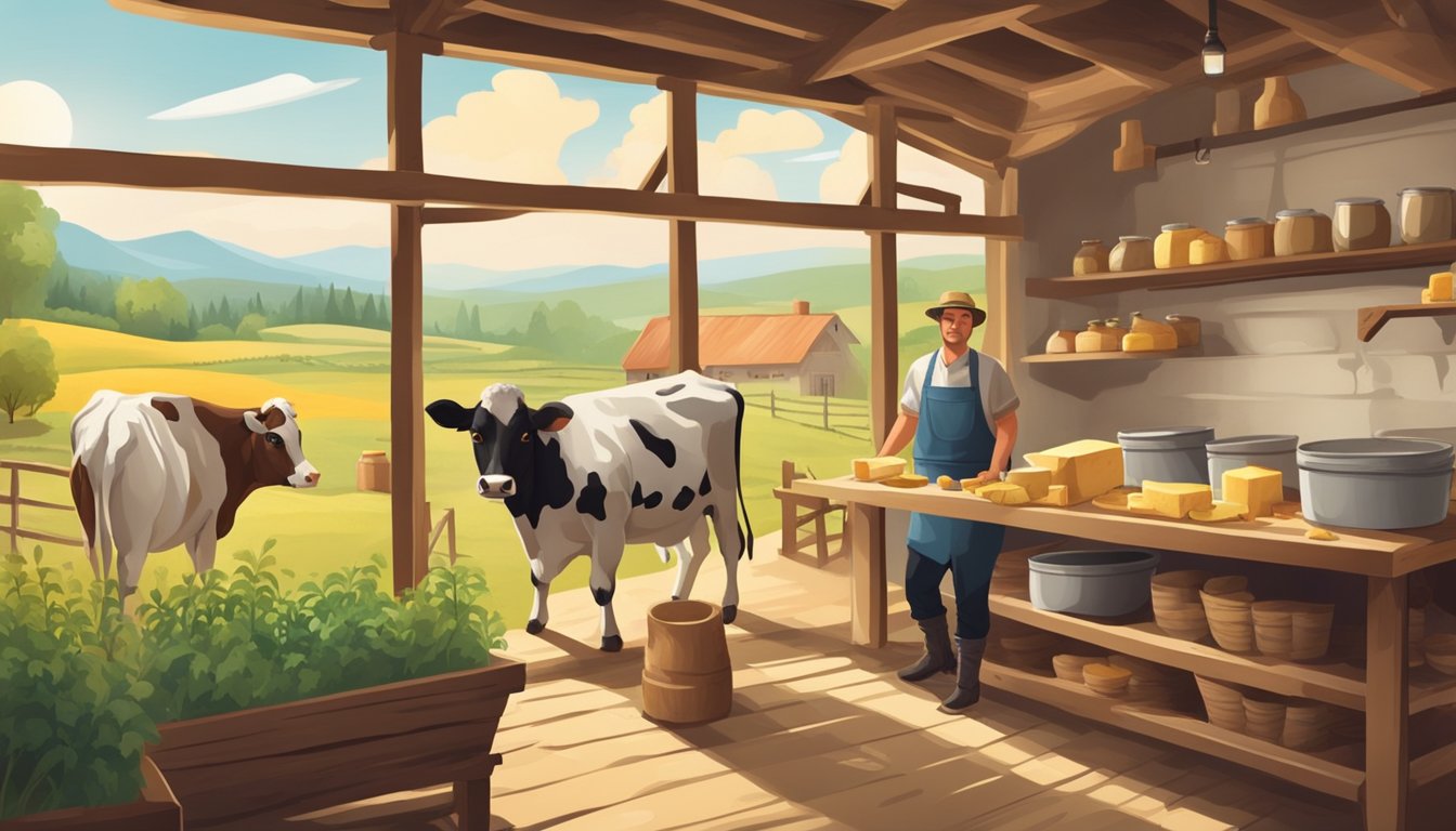 A rustic farm setting with a small dairy operation, cows grazing in the fields, and a local artisan cheese maker working in a cozy workshop