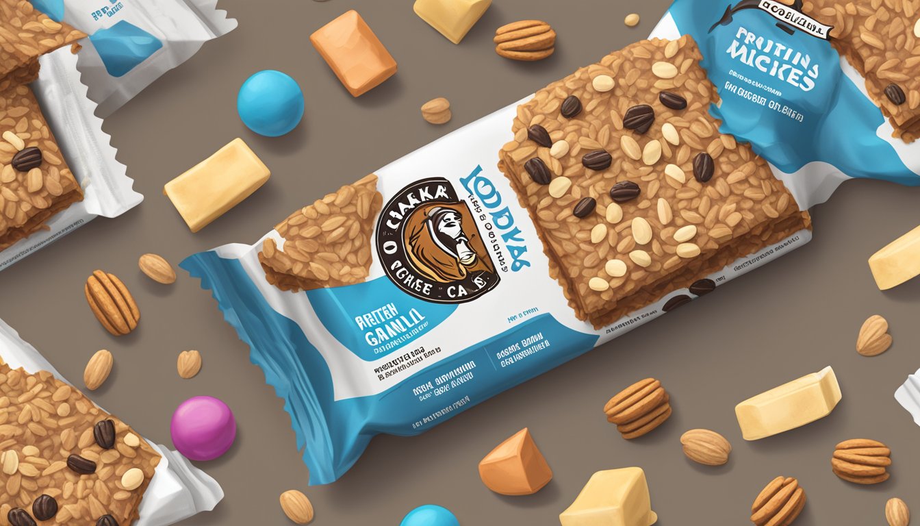 A pile of Kodiak Cakes protein granola bars spilling out of an open package, with a nutrition label nearby