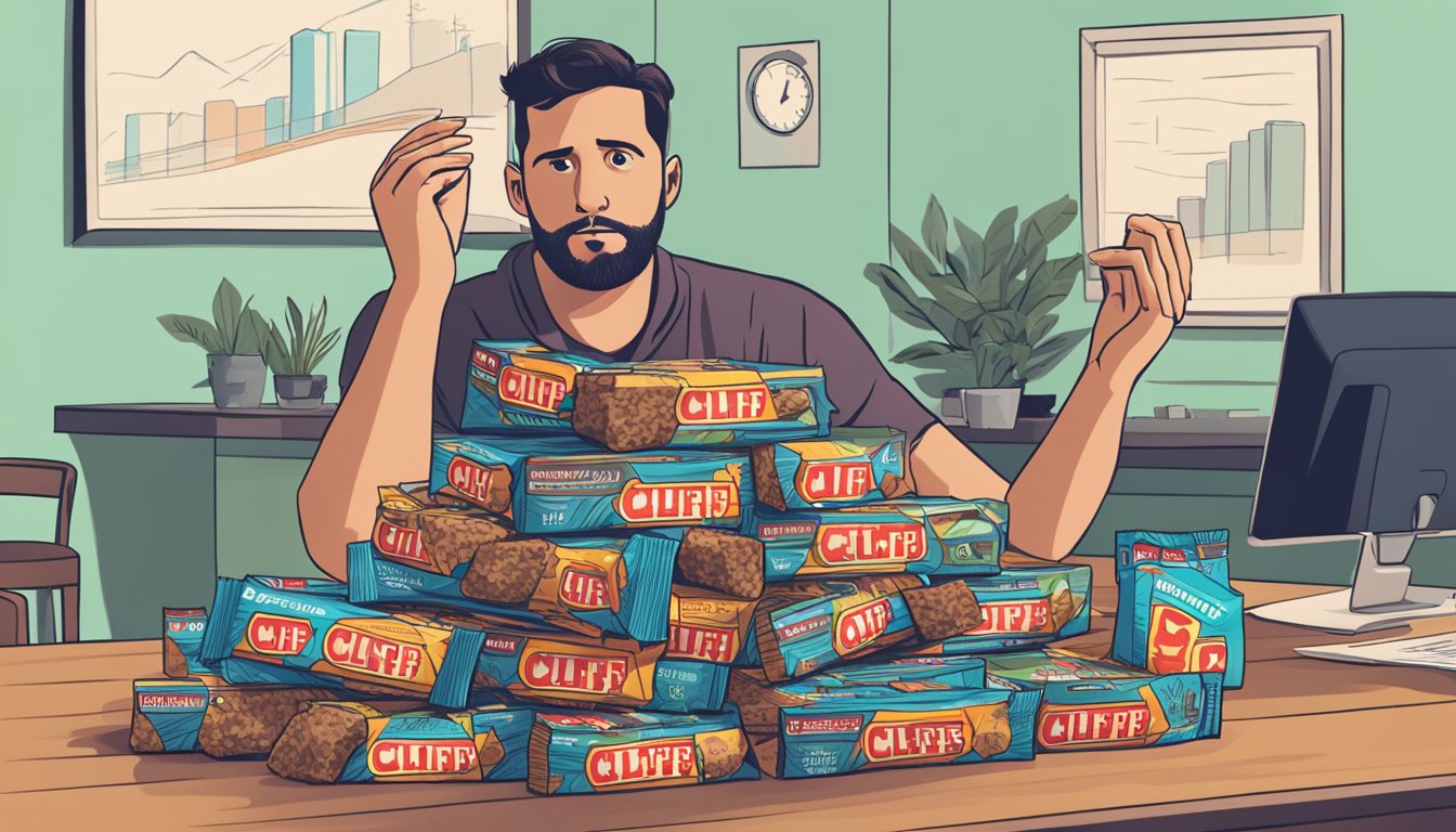 A pile of Clif bars stacked high on a table, with a concerned person looking at them and a question mark hovering above their head