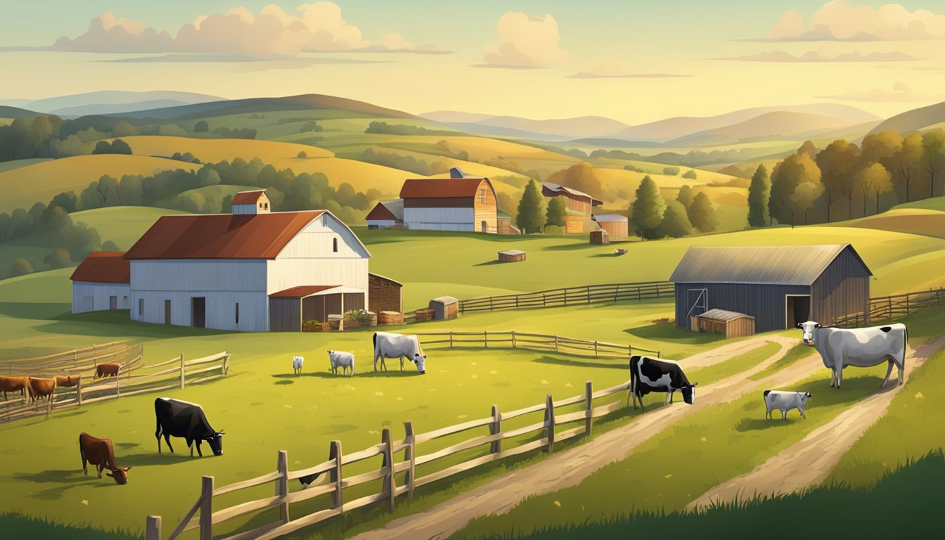 A rustic farm scene with rolling hills, a small cheese production facility, and a herd of dairy cows grazing in the fields