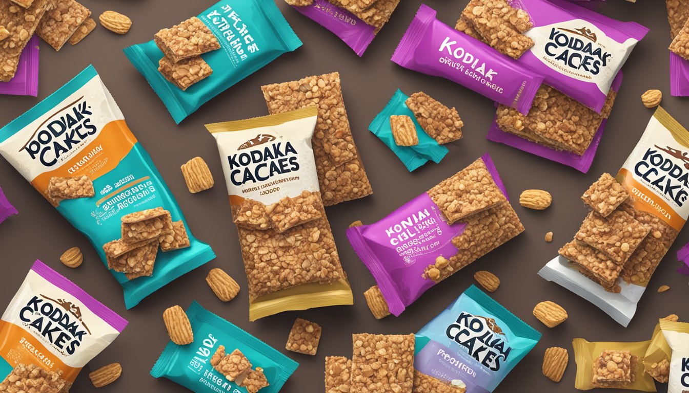 A pile of Kodiak Cakes protein granola bars overflowing from a bowl, surrounded by empty wrappers