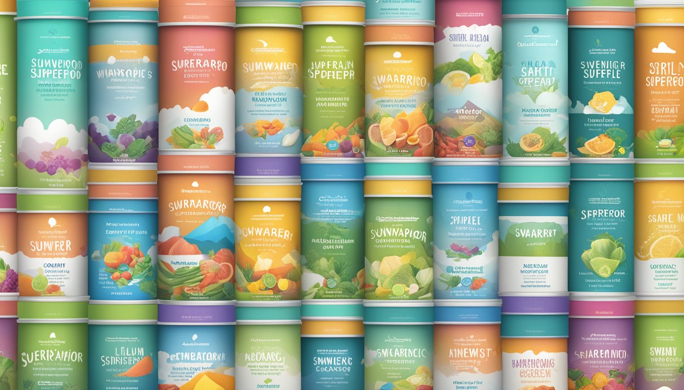 A towering stack of empty Sunwarrior Lean Superfood containers, surrounded by a cloud of swirling flavor profiles and taste sensations