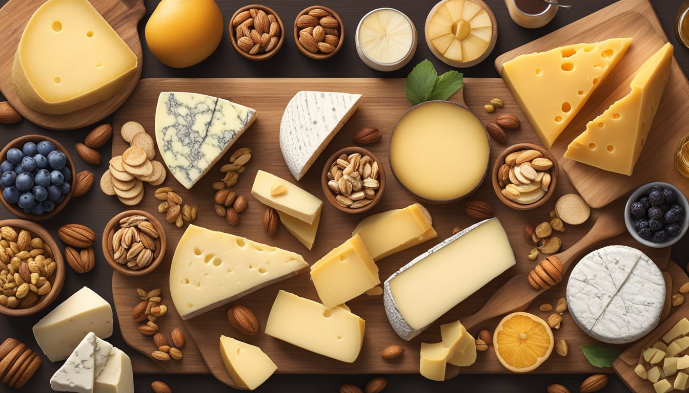 A rustic wooden table displays a variety of North Dakota artisan cheeses, surrounded by locally sourced ingredients like honey, fruit, and nuts