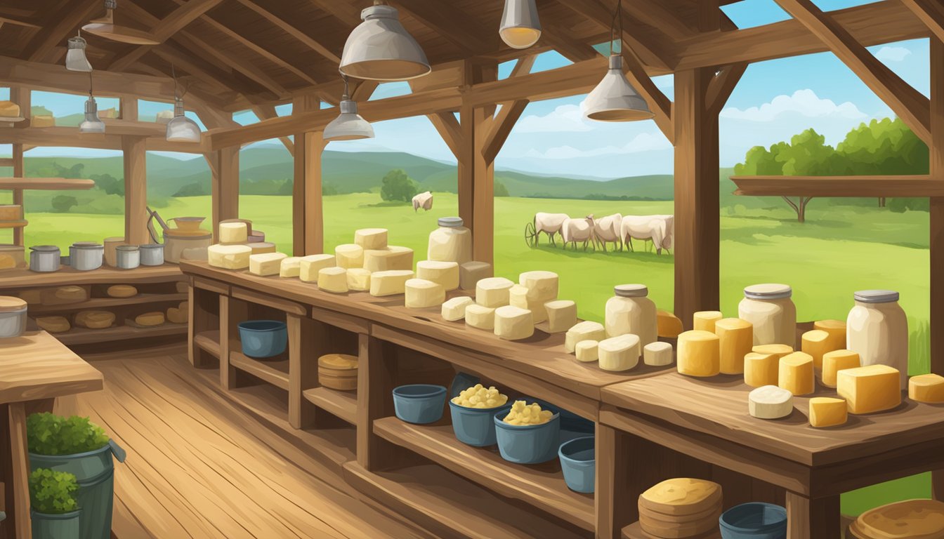 A rustic cheese-making workshop in Oklahoma, with aged wheels and fresh curds on wooden shelves, surrounded by rolling green pastures