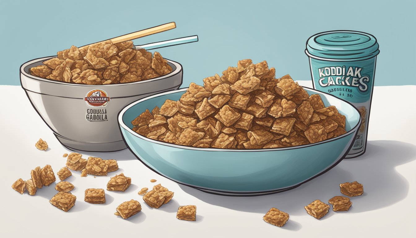 A mountain of Kodiak Cakes protein granola bars overflowing from a large bowl, with a measuring cup beside it