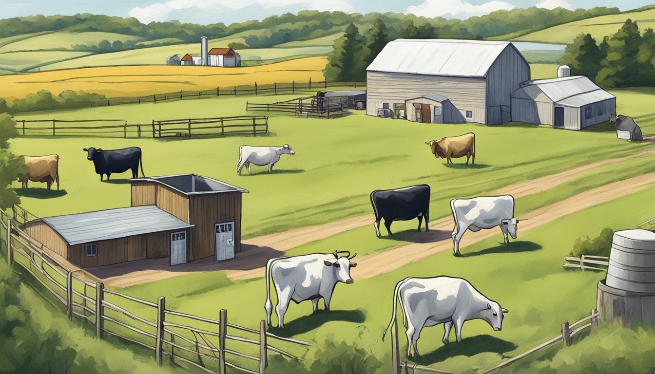 A rustic dairy farm with cows grazing in a lush pasture, a small cheese-making facility in the background, and a sign reading "North Dakota Local Artisan Cheese."