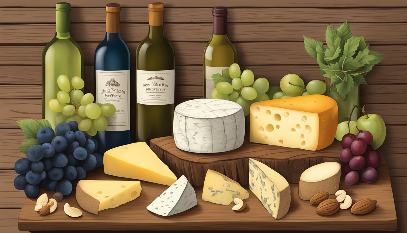 A rustic wooden table displays a variety of Ohio artisan cheeses, accompanied by fresh fruits, nuts, and a bottle of local wine