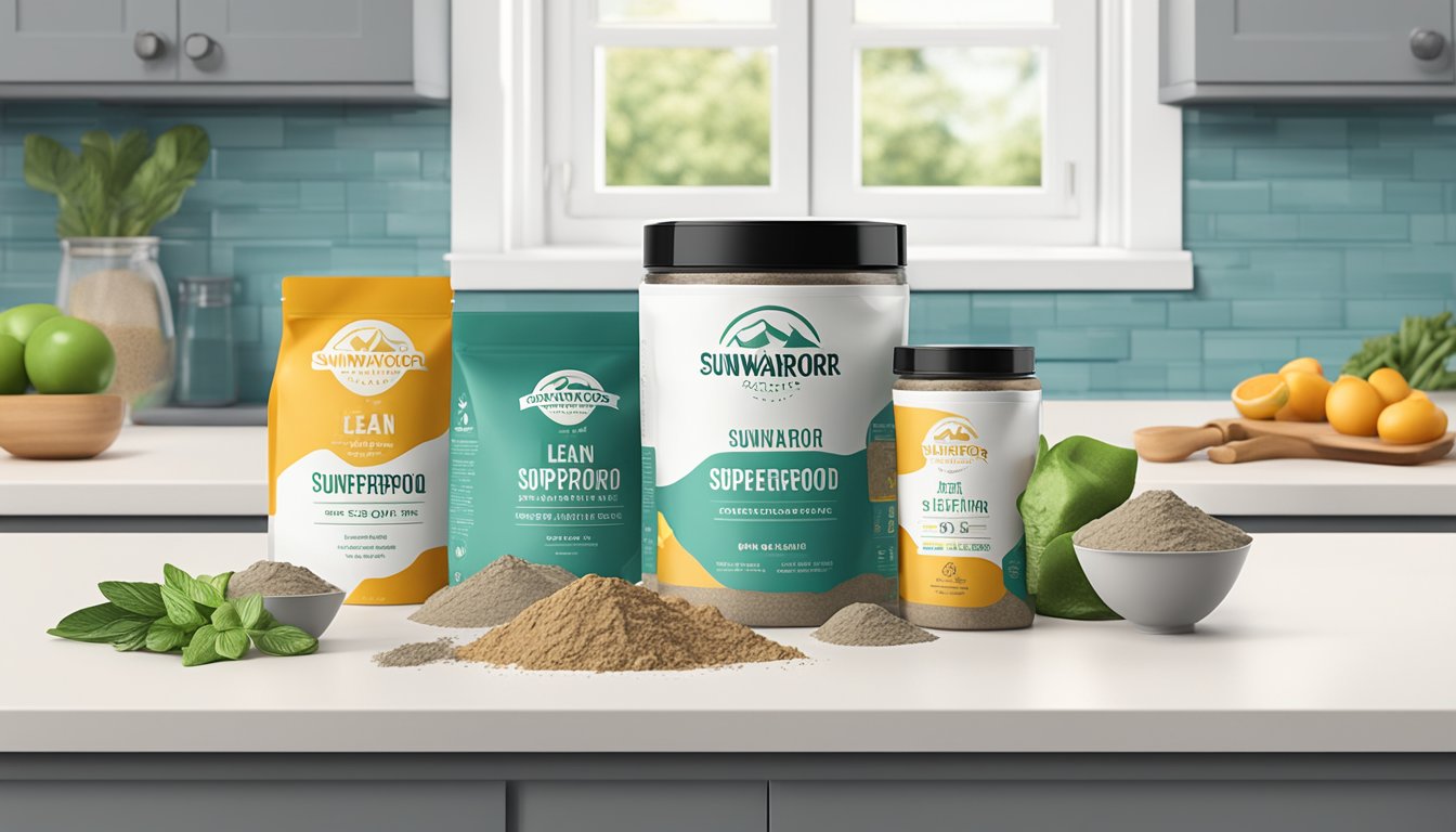 A kitchen counter with multiple empty and filled scoops of Sunwarrior Lean Superfood protein powder next to a stack of measuring cups