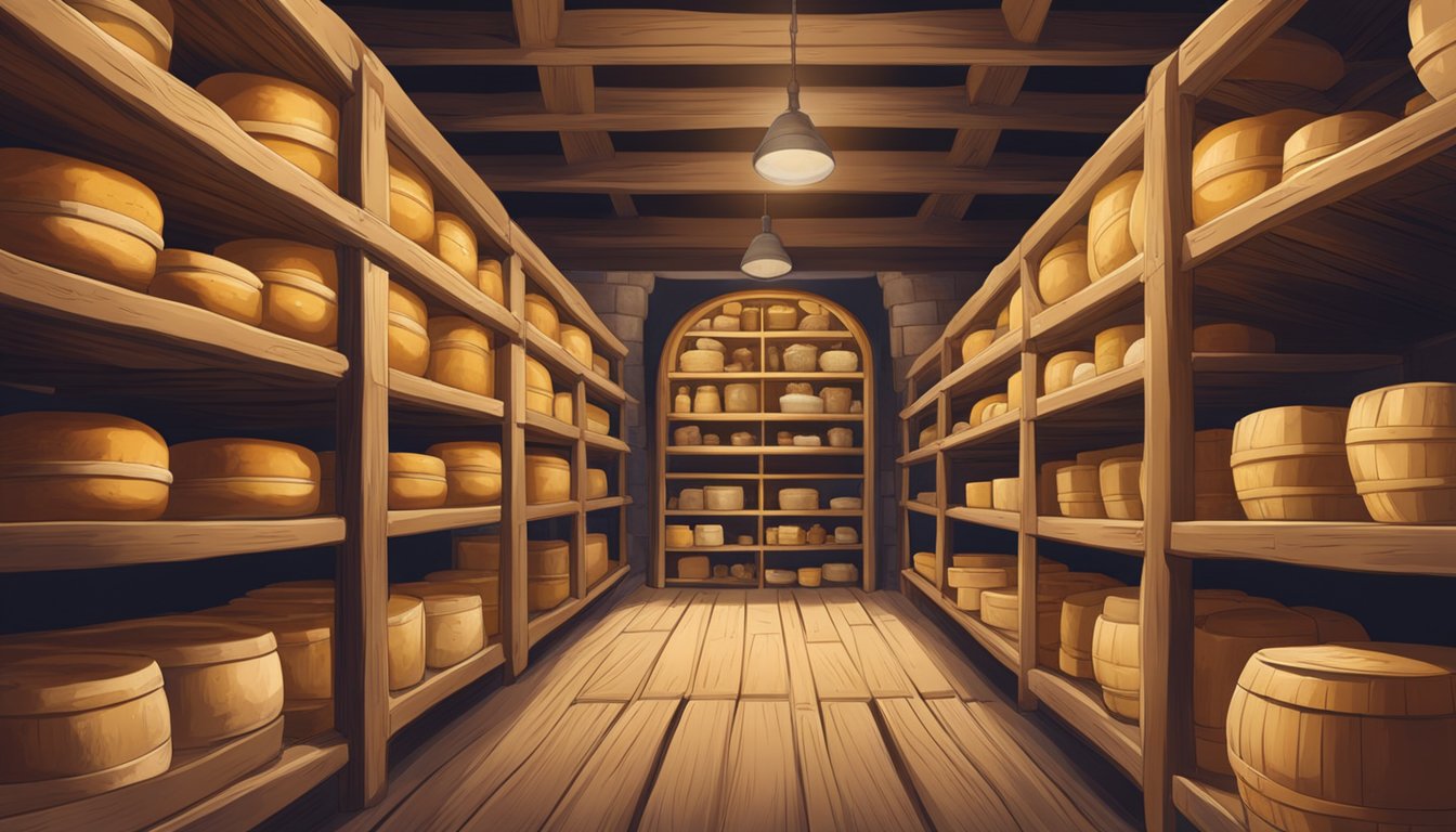 A rustic cheese cellar with shelves of handcrafted cheeses and aging wheels, surrounded by rolling Oklahoma countryside