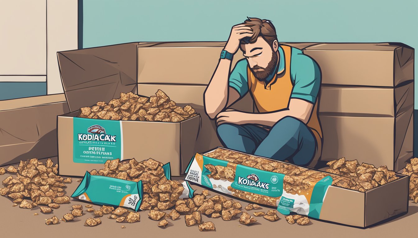 A pile of empty Kodiak Cakes protein granola bar wrappers scattered around a crumpled box, with a concerned figure looking at the excessive consumption