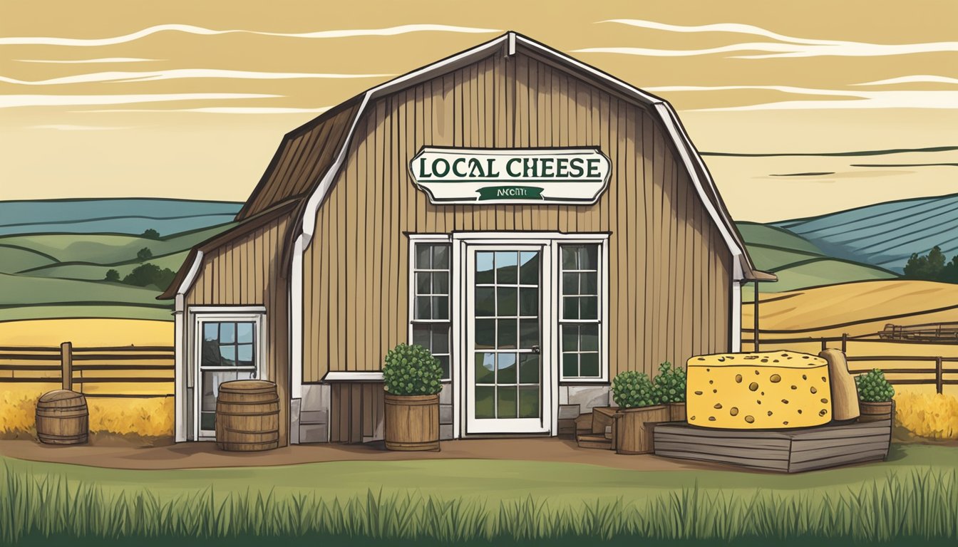 A rustic farm scene with rolling hills, a small cheese shop, and a sign advertising "Local Artisan Cheese" in North Dakota