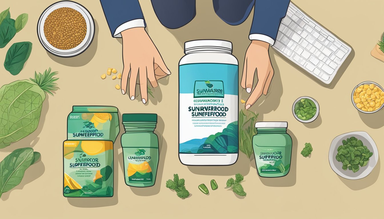 A table with empty and partially consumed Sunwarrior Lean Superfood containers scattered around, along with a person looking uncomfortable and holding their stomach