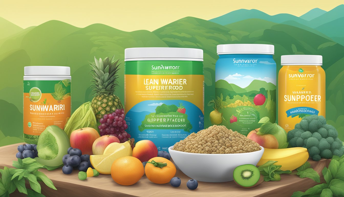 A lush green landscape with a clear blue sky, featuring a variety of fruits and vegetables, and a single container of Sunwarrior Lean Superfood