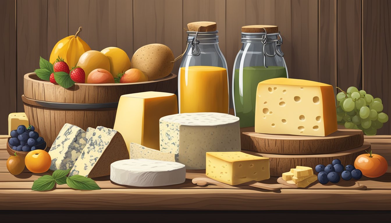 A rustic wooden table displays a variety of locally made cheeses from North Dakota, accompanied by fresh fruits and a selection of artisan bread