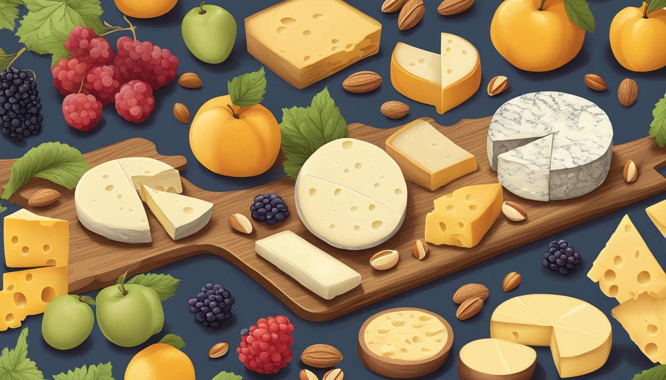 A variety of Ohio artisan cheeses displayed on a wooden board with fresh fruits and nuts scattered around