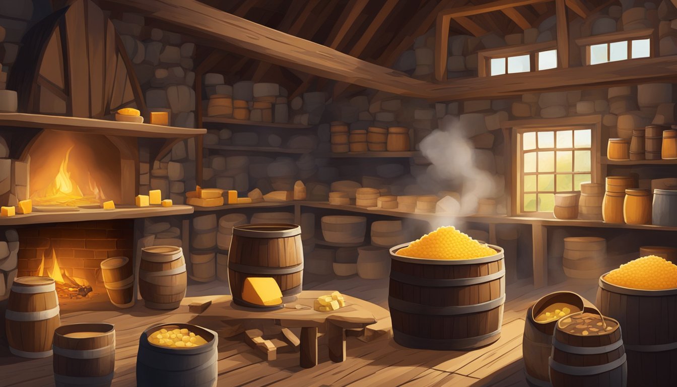 A rustic barn with wooden barrels, vats, and shelves filled with aging cheese. A cheesemaker stirs a large pot over a roaring fire