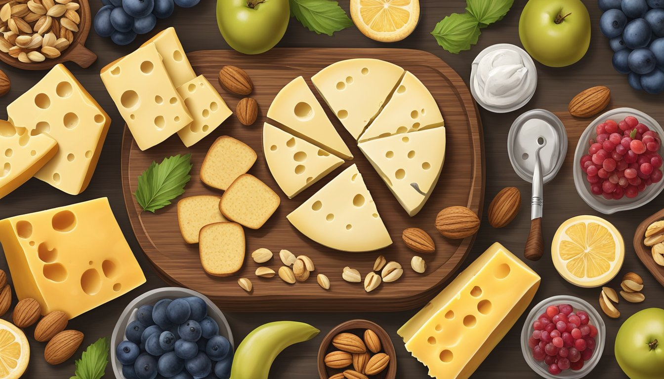 A rustic wooden cheese board adorned with slices of North Dakota artisan cheese, accompanied by fresh fruits, nuts, and a drizzle of honey