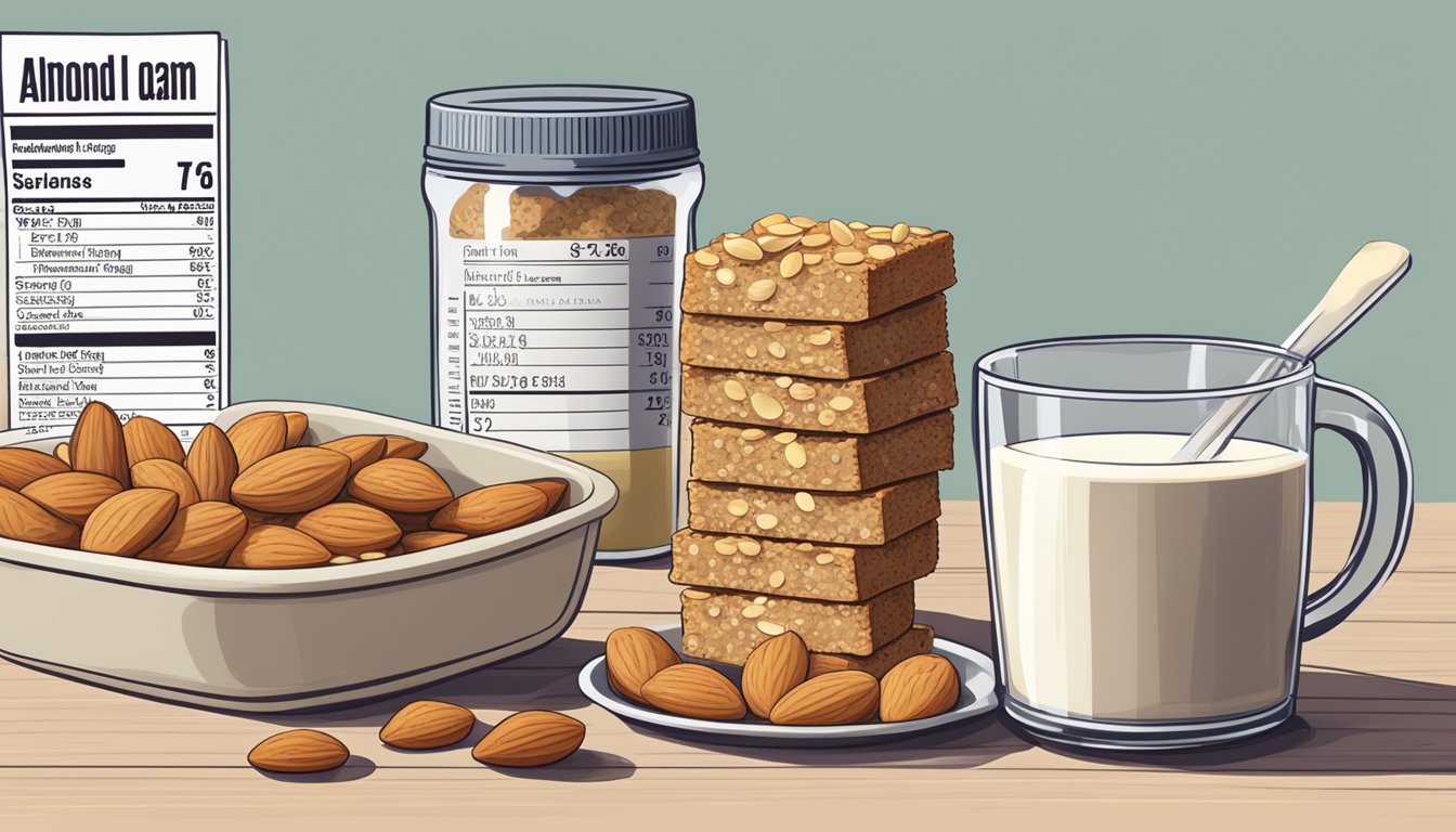 A stack of almond flour breakfast bars with a nutrition label next to a measuring cup and a calculator