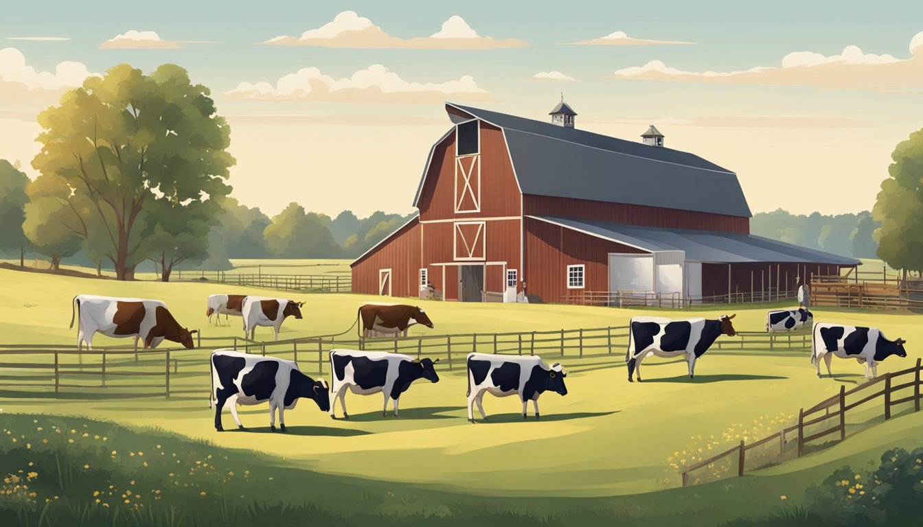 A small dairy farm in Ohio, with cows grazing in the pasture, a rustic barn, and a cheese-making facility with workers tending to the process