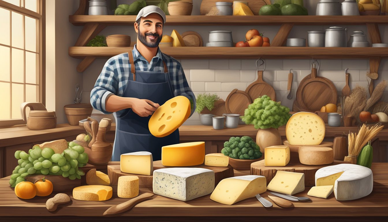 A farmer proudly displays a variety of locally made artisan cheeses on a wooden table, surrounded by fresh produce and rustic kitchen tools