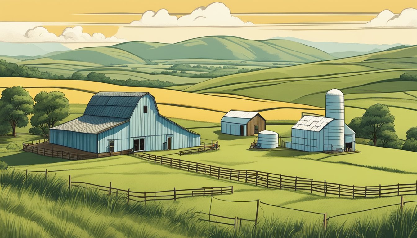 A rustic farm in North Dakota with rolling green hills, a small cheese-making facility, and a focus on sustainable practices