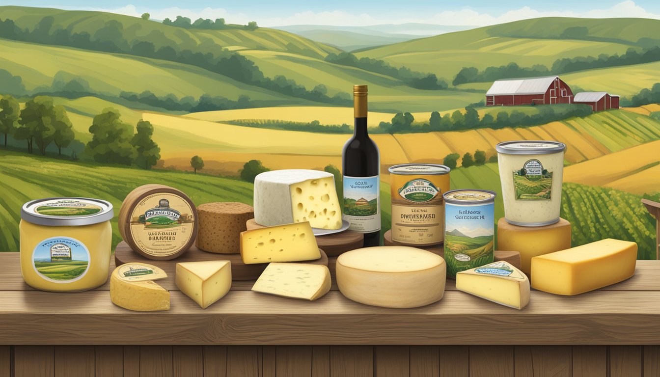 A rustic wooden table displays various Ohio artisan cheeses with labels, surrounded by a backdrop of rolling hills and farmland