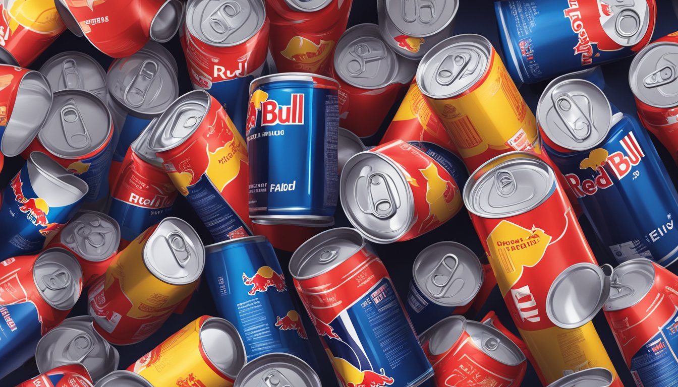 A pile of empty Red Bull cans surrounded by warning labels and a measuring cup