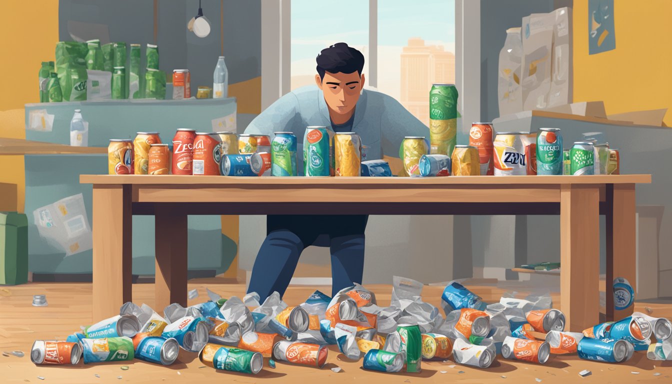 A table with multiple empty Zevia cans scattered, surrounded by discarded packaging and a person looking uneasy