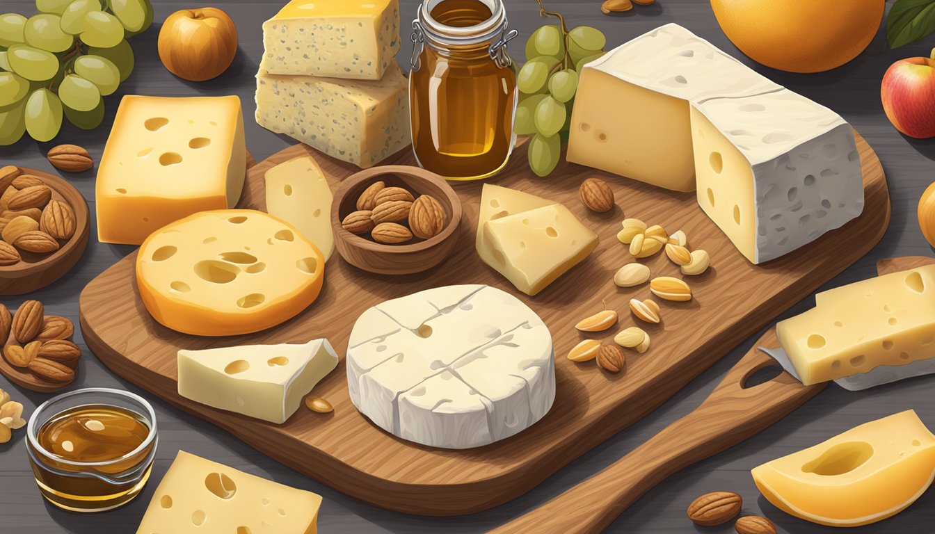 A wooden board with a variety of Ohio artisan cheeses, accompanied by sliced fruits, nuts, and a jar of honey