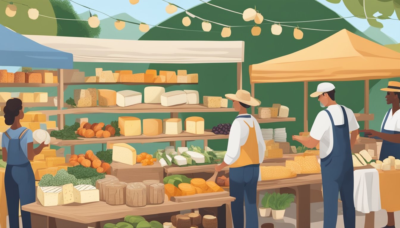 A farmer's market stall with a variety of locally made artisan cheeses on display, surrounded by customers and vendors