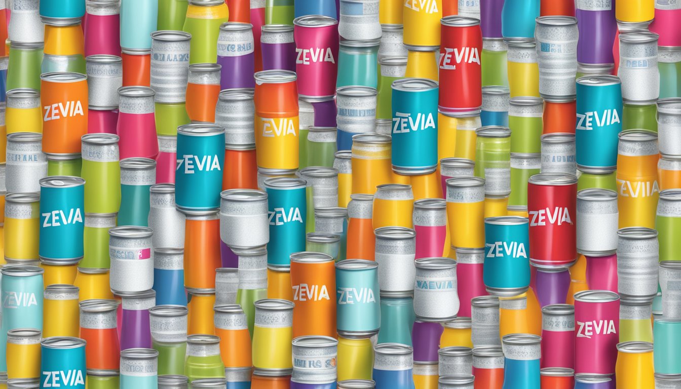 A table with various flavors of Zevia cans stacked in a pyramid, surrounded by empty glasses and a measuring cup