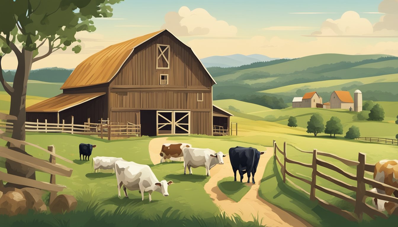 A rustic barn setting with rolling green hills and grazing cows, showcasing a variety of locally produced artisan cheeses