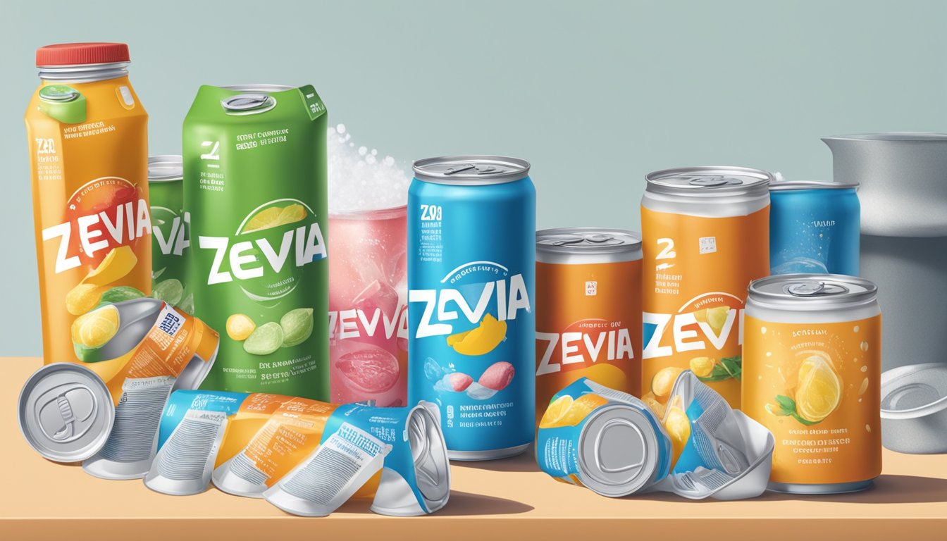 A table with multiple cans of Zevia scattered around, a measuring cup, and a warning label with a crossed-out excessive serving size